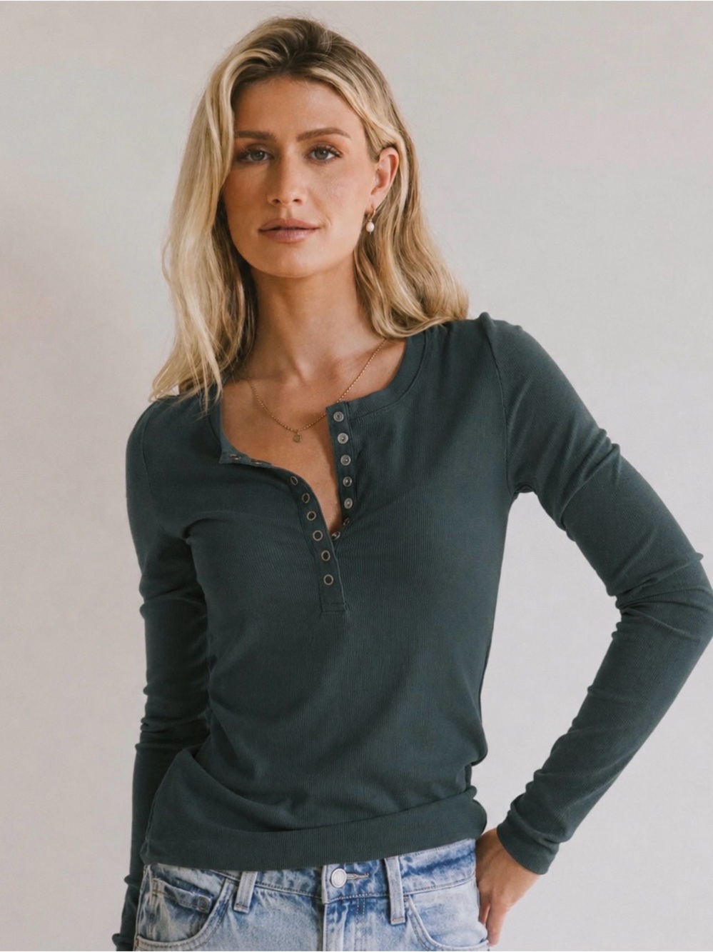 Bohme Essentials Hunter Green Ivanna Henley Button-Up Long Sleeve Tee